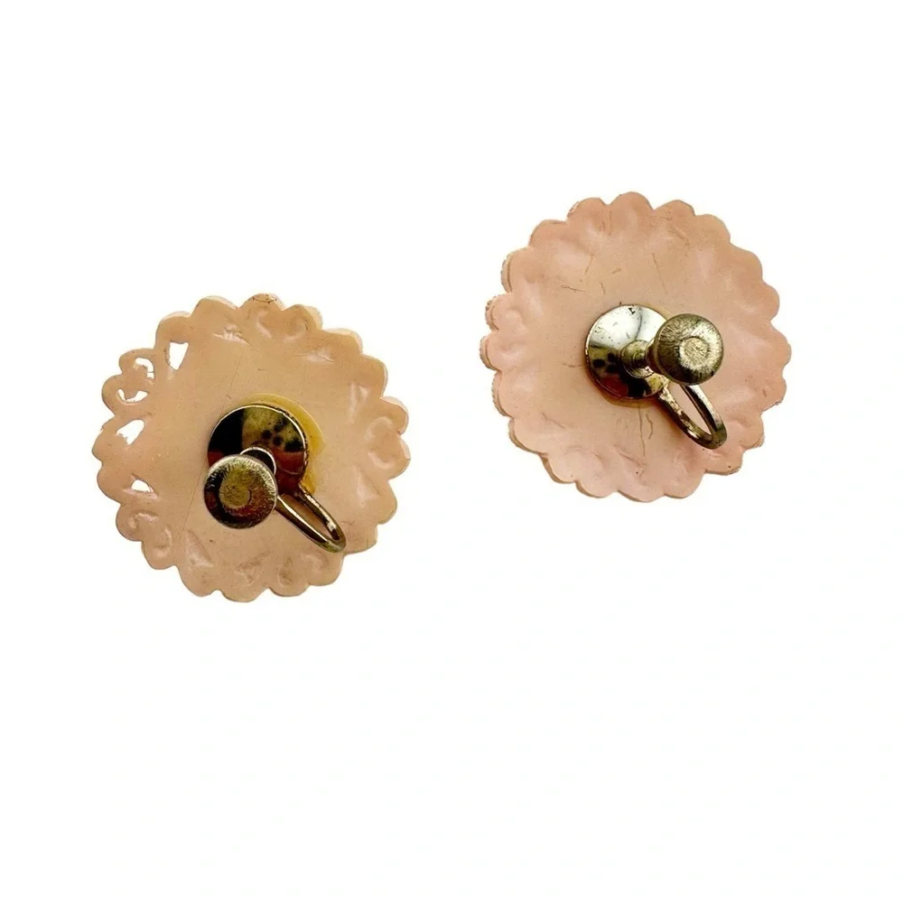Vintage Earrings Floral Delicate Sculptural Peach Pink Screw Back